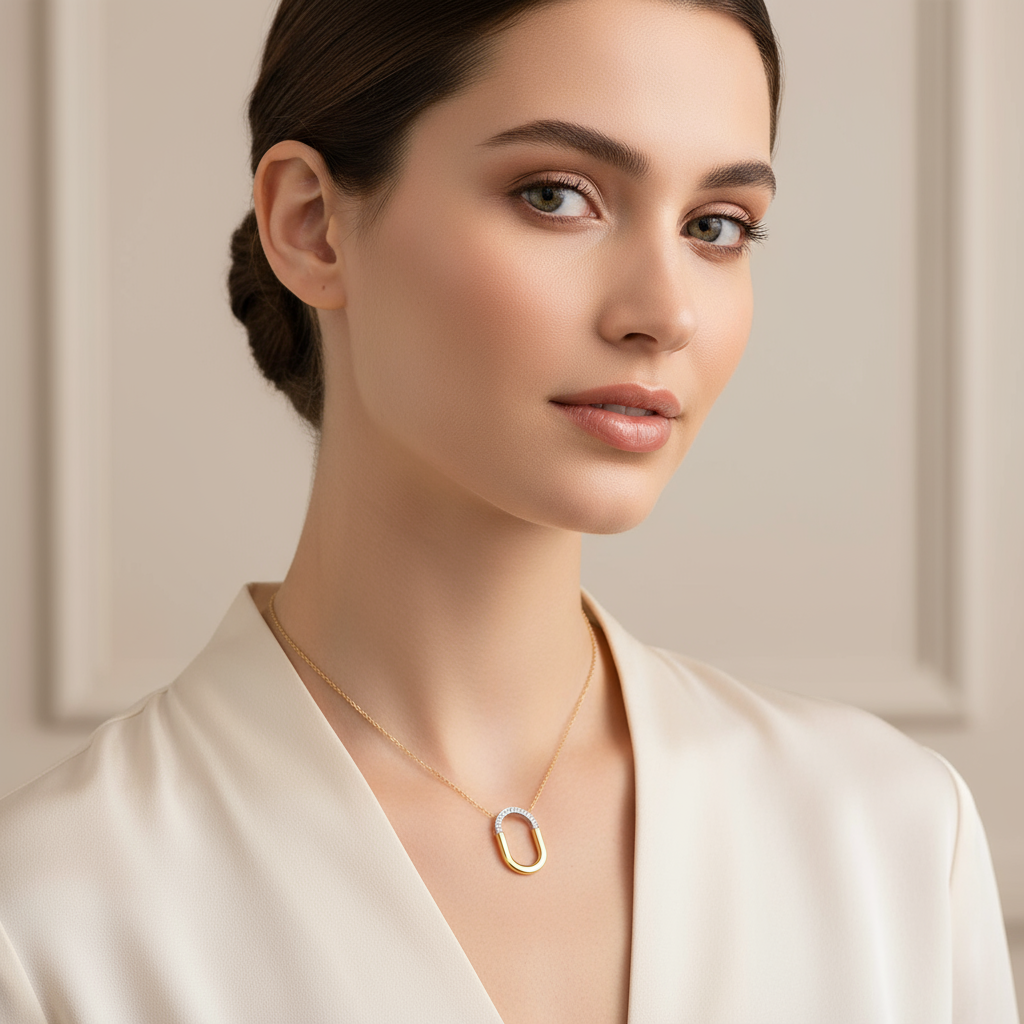 Generated image of a female model wearing small-sized two-tone gold and diamond pendant