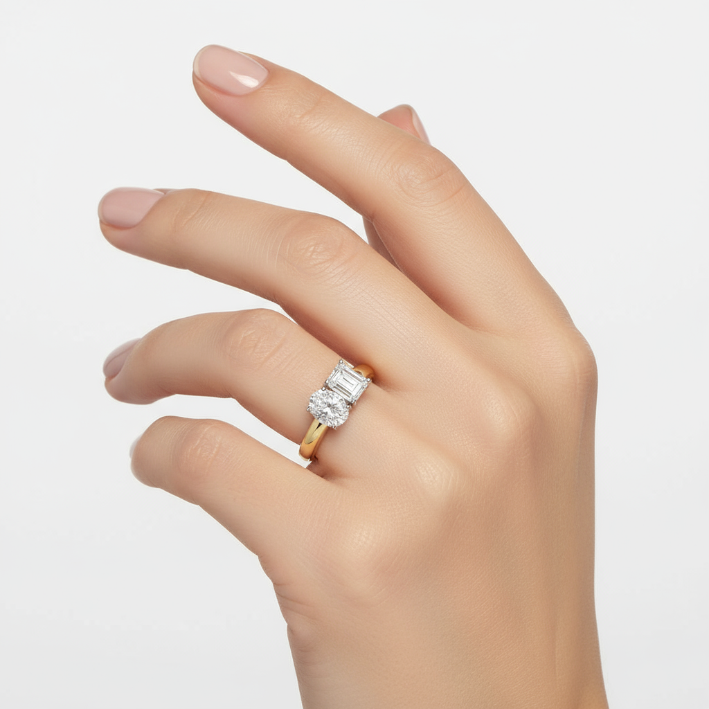 Generated image of a female model wearing small-sized two-tone gold and diamond ring