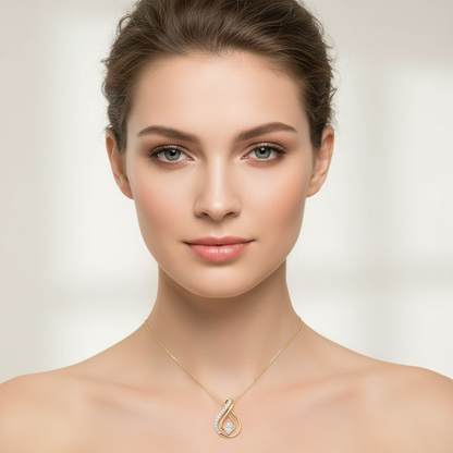 Generated image of a female model wearing small-sized two-tone gold and diamond teardrop pendant