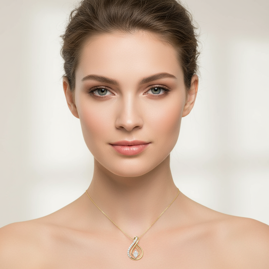 Generated image of a female model wearing small-sized two-tone gold and diamond teardrop pendant