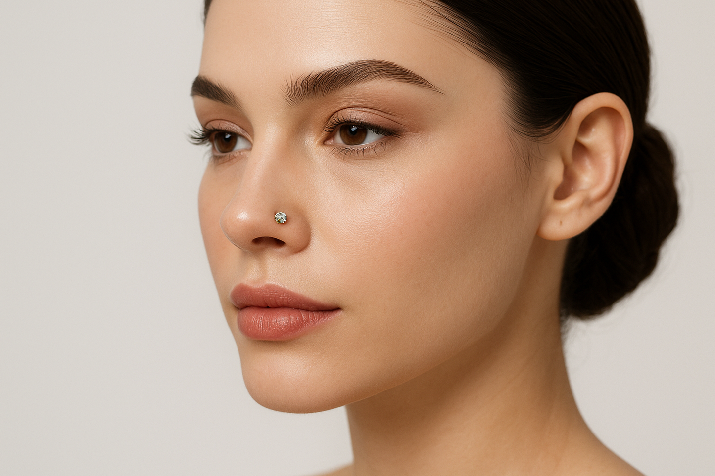 Generated image of a female model wearing small-sized two-tone gold diamond nose pin