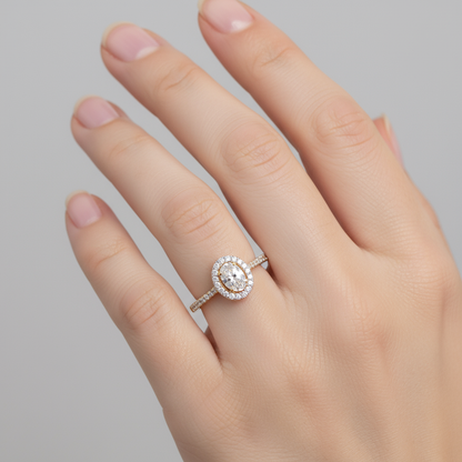 Generated image of a female model wearing small-sized two-tone gold halo ring with oval diamond