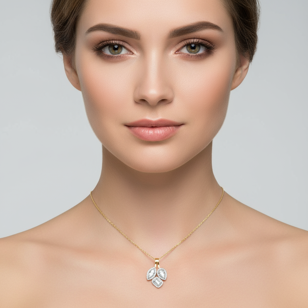 Generated image of a female model wearing small-sized two-tone gold pendant with pear and emerald cut diamonds
