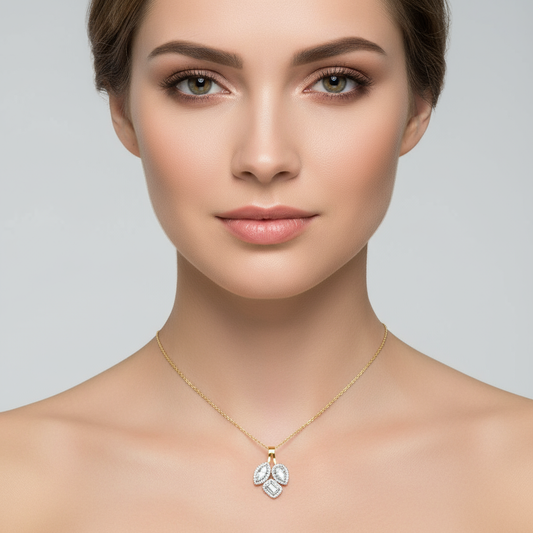 Generated image of a female model wearing small-sized two-tone gold pendant with pear and emerald cut diamonds