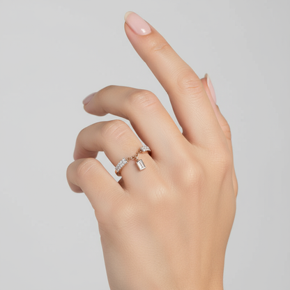 Generated image of a female model wearing small-sized two-tone gold ring with pavé diamonds and chain detail