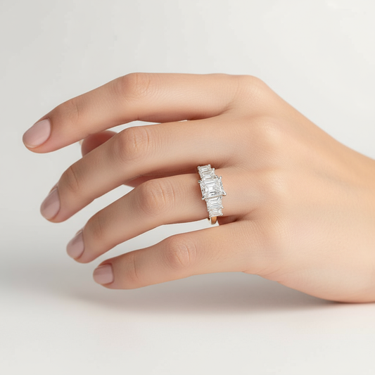 Generated image of a female model wearing small-sized two-tone gold ring with radiant and emerald cut diamonds