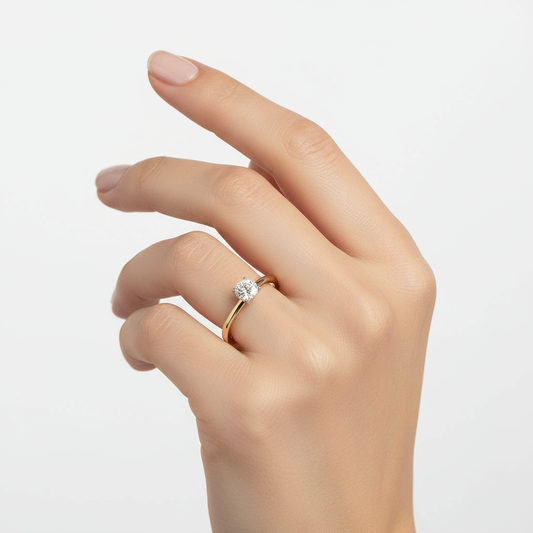 Generated image of a female model wearing small-sized two-tone gold solitaire diamond ring