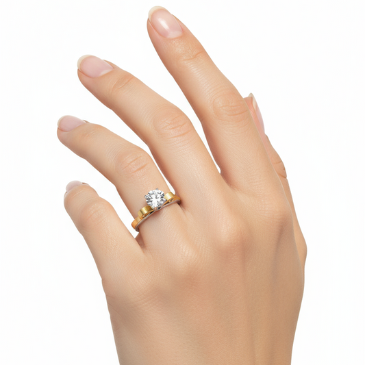Generated image of a female model wearing small-sized two-tone gold solitaire ring with round diamond
