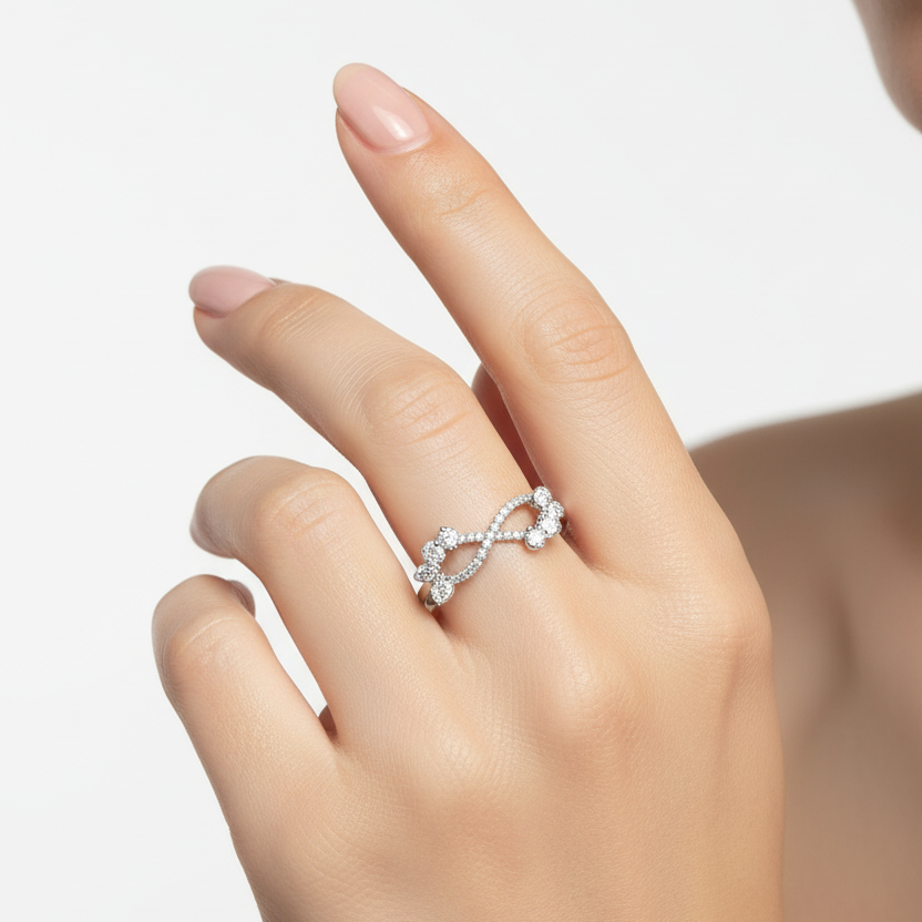 Generated image of a female model wearing small-sized white gold and diamond floral infinity ring