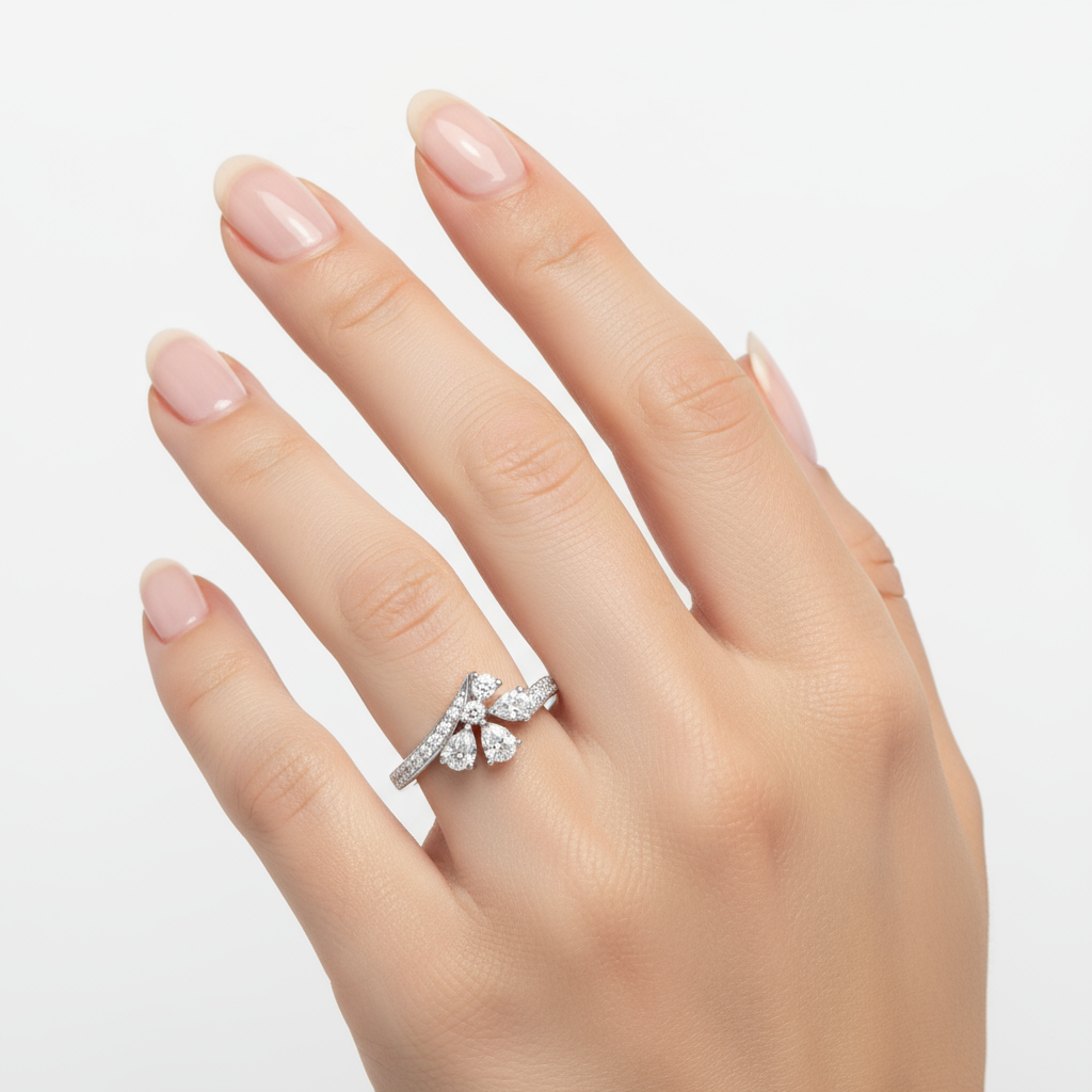 Generated image of a female model wearing small-sized white gold and diamond floral ring