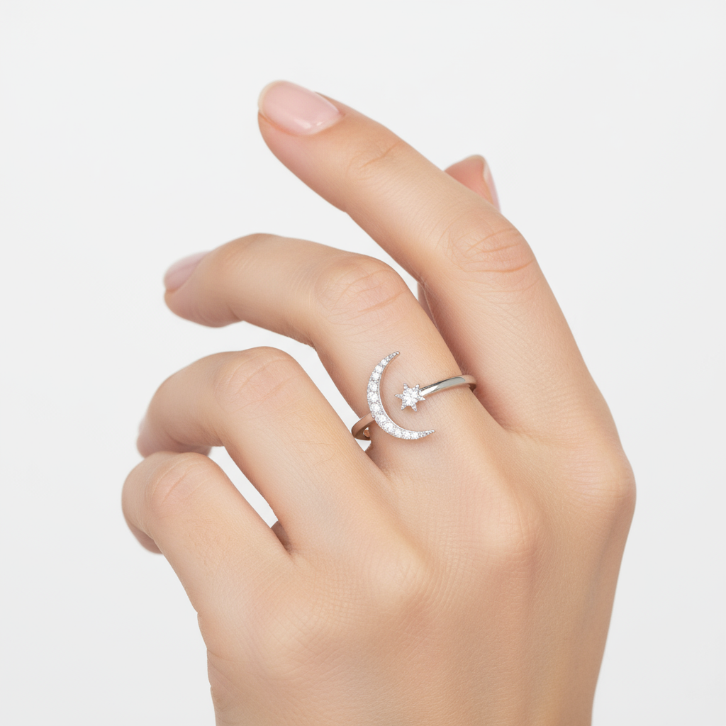 Generated image of a female model wearing small-sized white gold moon and star ring with pavé diamonds