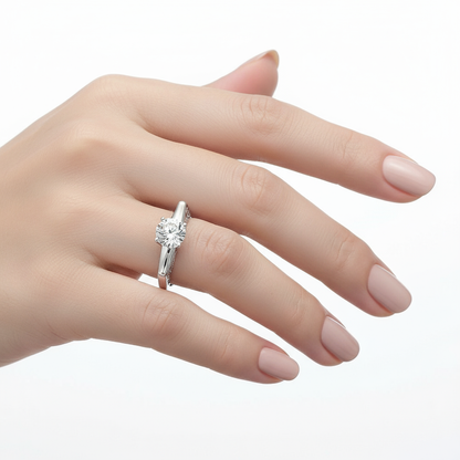 Generated image of a female model wearing small-sized white gold solitaire ring with filigree details