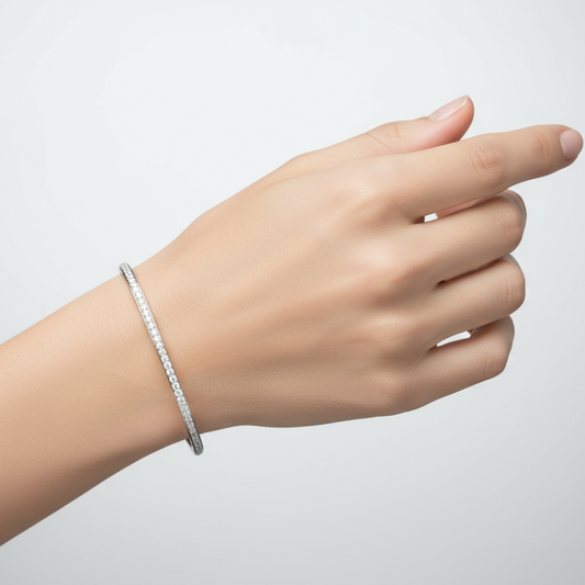 Generated image of a female model wearing small-sized white gold square-shaped bangle bracelet with pavé diamonds