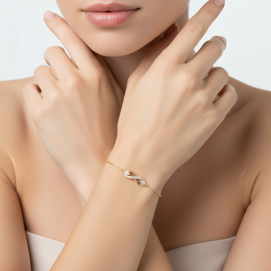 Generated image of a female model wearing small-sized yellow gold and diamond infinity bracelet