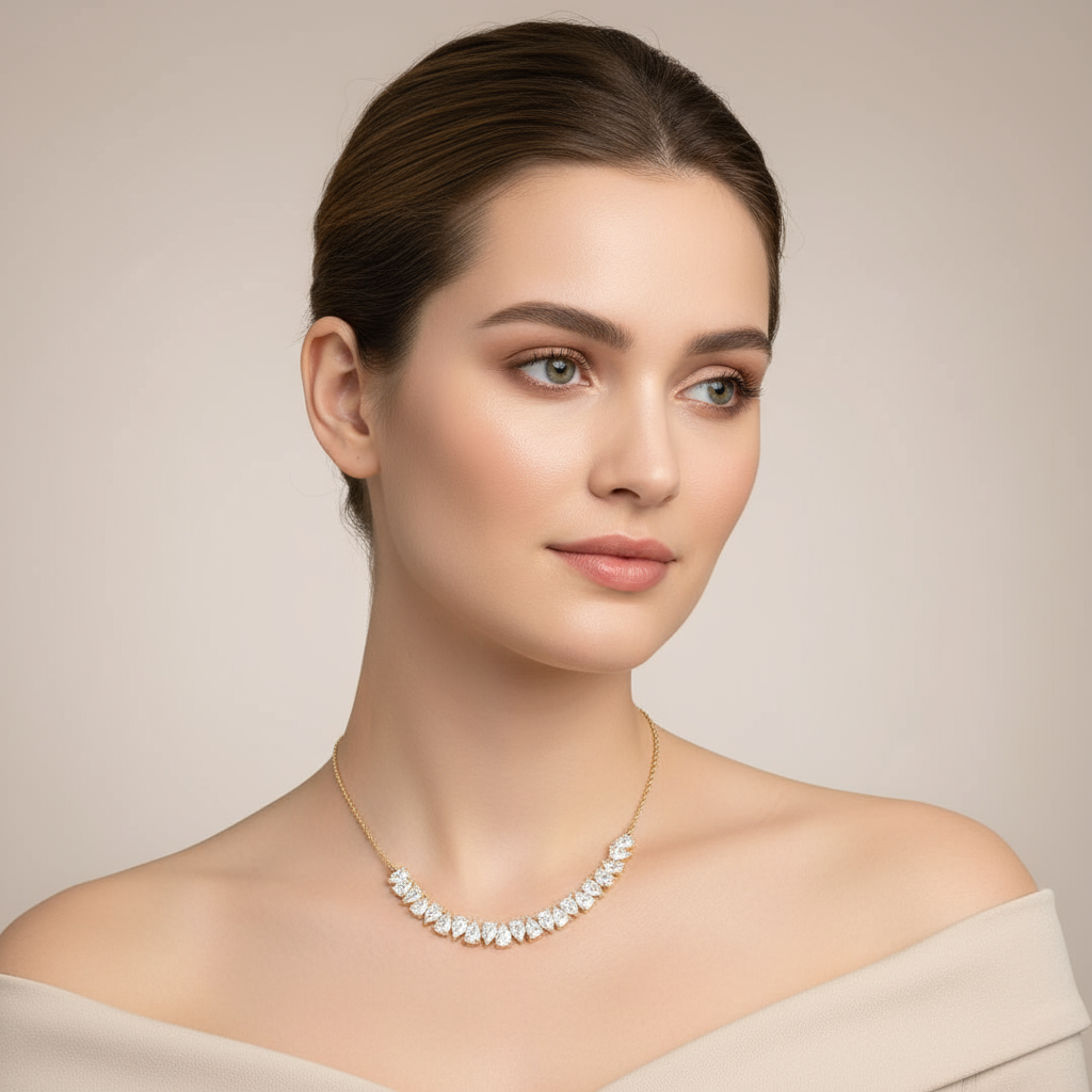 Generated image of a female model wearing small-sized yellow gold and diamond necklace