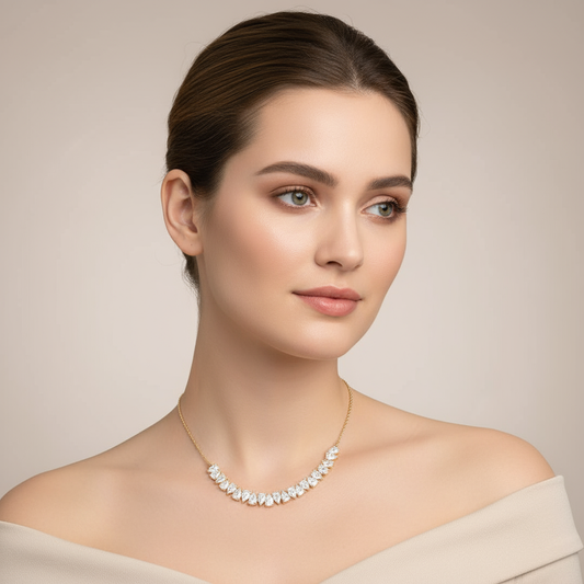 Generated image of a female model wearing small-sized yellow gold and diamond necklace