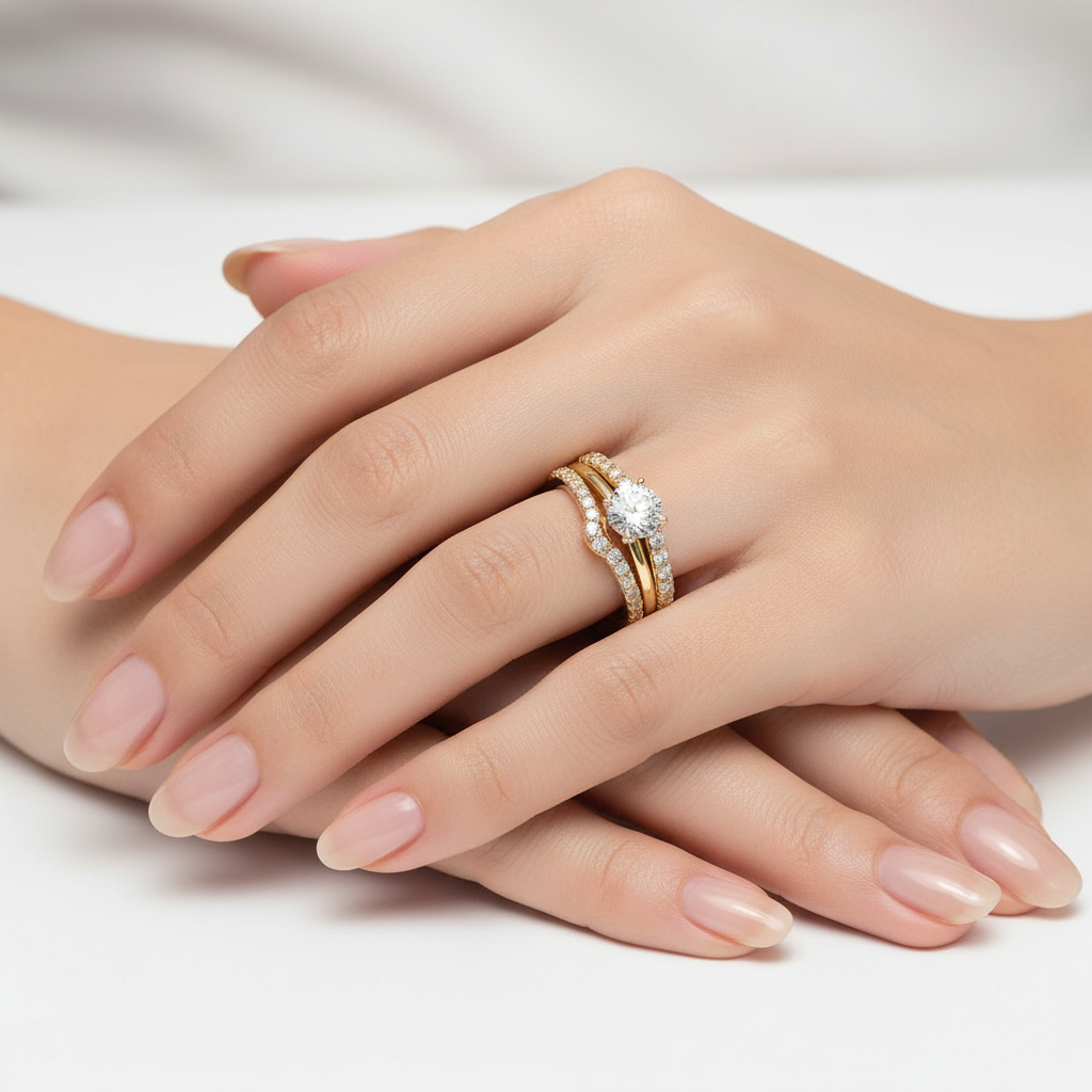 Generated image of a female model wearing small-sized yellow gold bridal set with solitaire and pavé wedding band