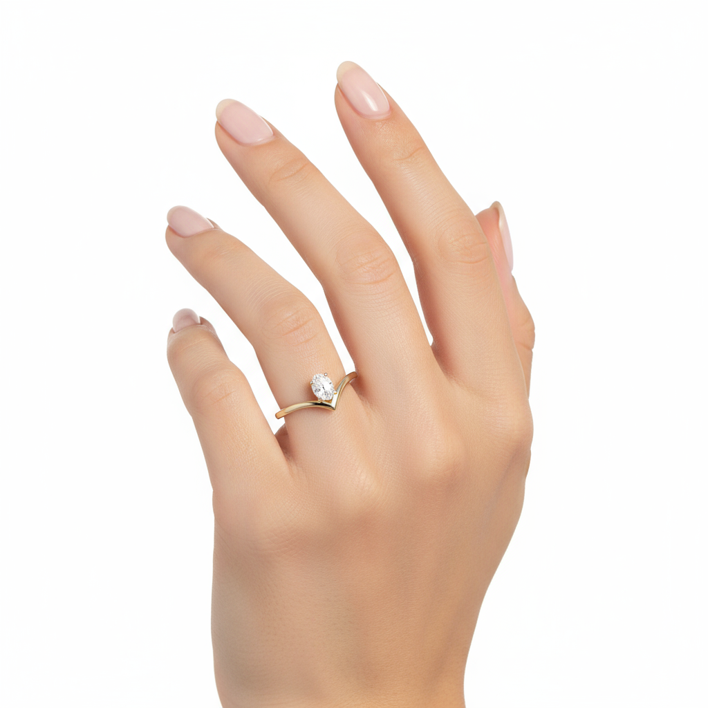 Generated image of a female model wearing small-sized yellow gold chevron ring with oval diamond