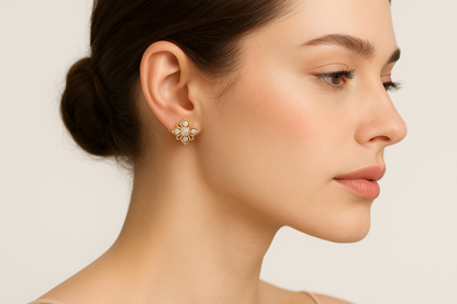 Generated image of a female model wearing small-sized yellow gold floral diamond earrings