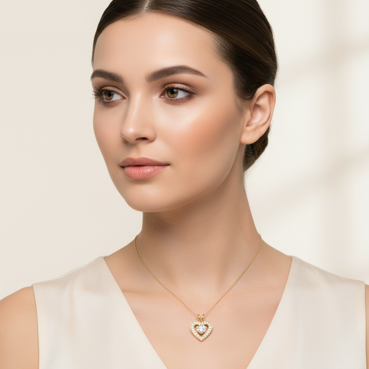 Generated image of a female model wearing small-sized yellow gold heart-shaped diamond pendant