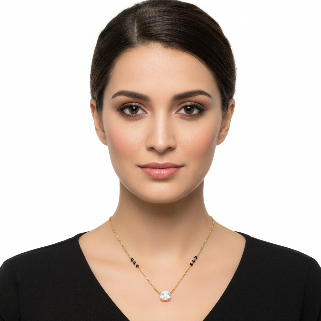 Generated image of a female model wearing small-sized yellow gold mangalsutra with diamond and black beads