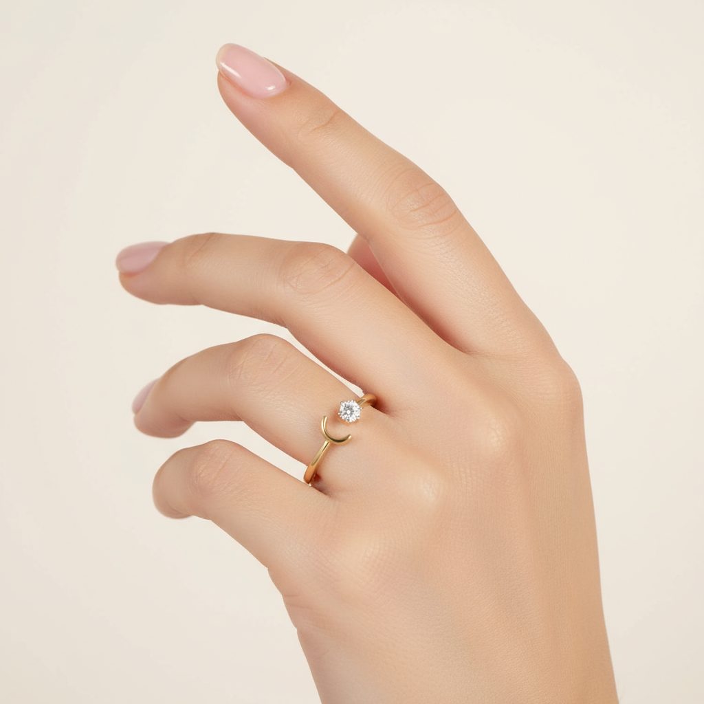 Generated image of a female model wearing small-sized yellow gold open ring with round diamond