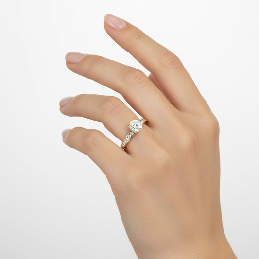 Generated image of a female model wearing small-sized yellow gold solitaire diamond ring with pavé band