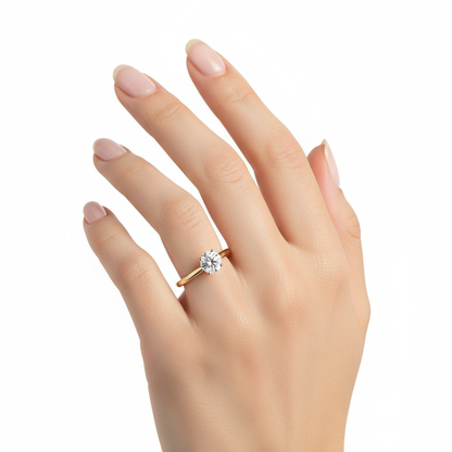 Generated image of a female model wearing small-sized yellow gold solitaire ring with hidden halo