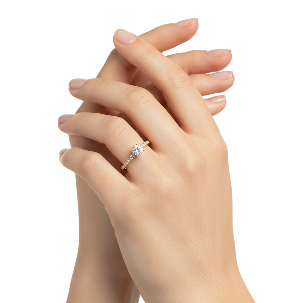 Generated image of a female model wearing small-sized yellow gold solitaire ring with pavé diamond band