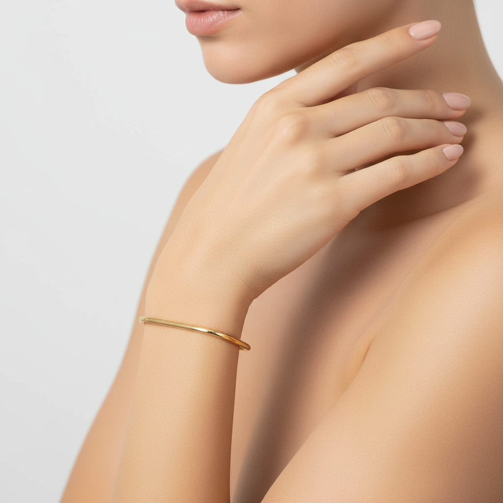 Generated image of a female model wearing small-sized yellow gold square-shaped bangle bracelet