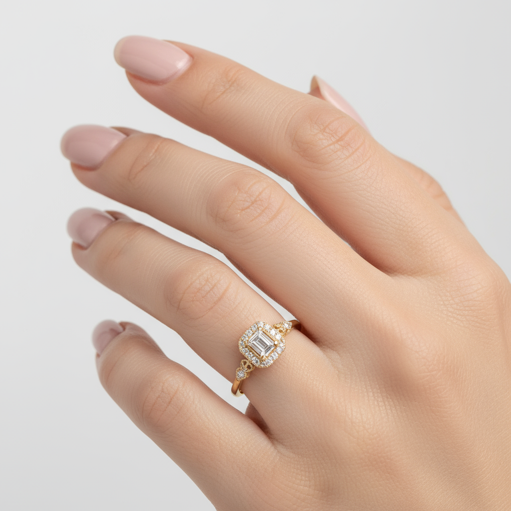 Generated image of a female model wearing small-sized yellow gold vintage halo ring with emerald cut diamond