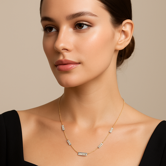 Generated image of a female model wearing the baguette diamond station necklace in small size