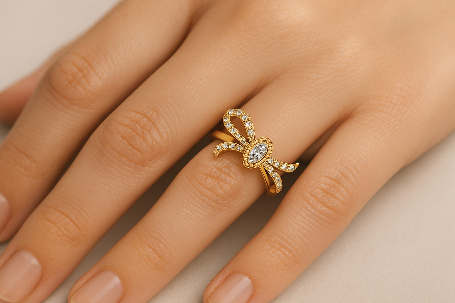 Generated image of a female model wearing the bow-shaped diamond ring
