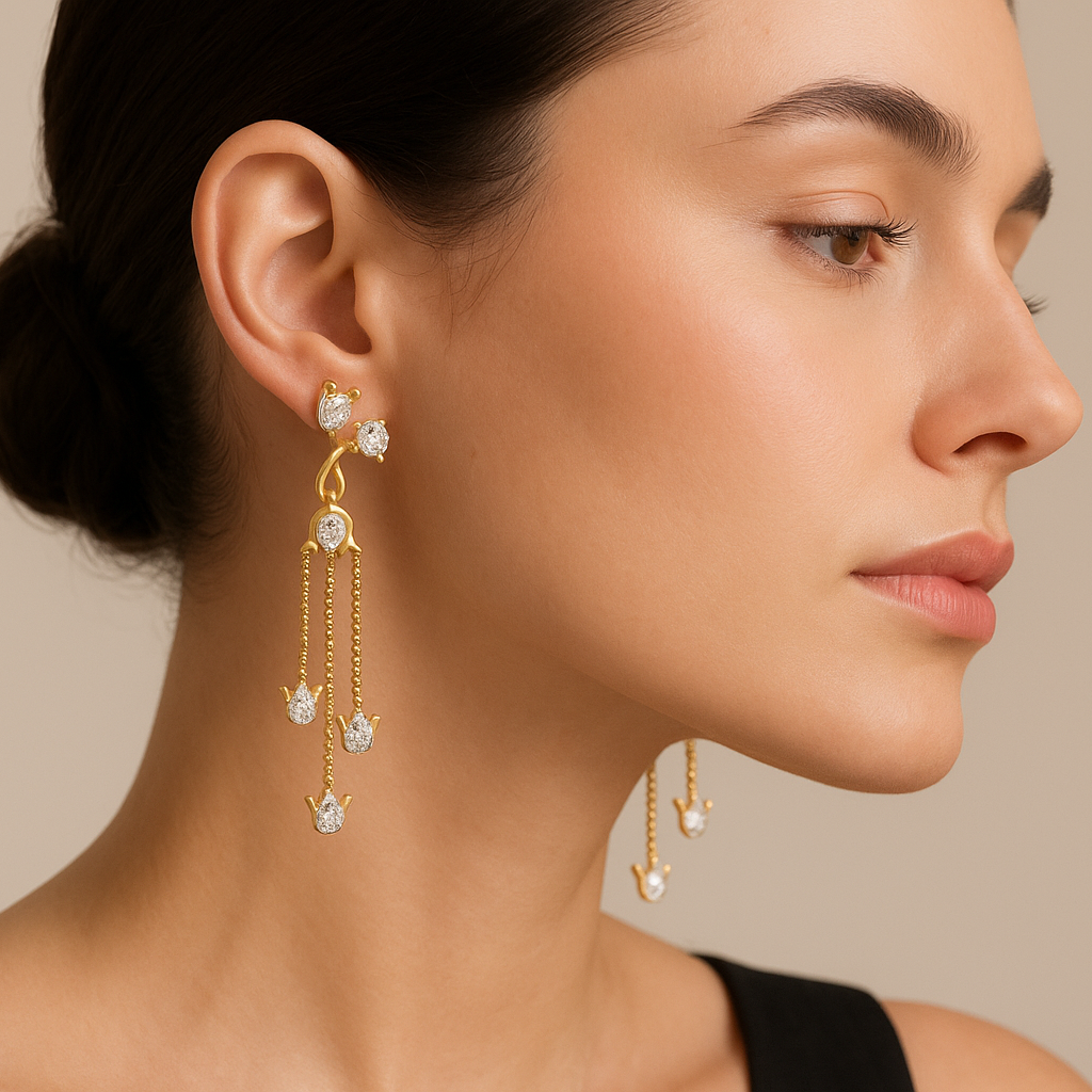 Generated image of a female model wearing the chandelier earrings