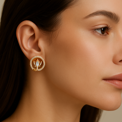 Generated image of a female model wearing the circular floral earrings