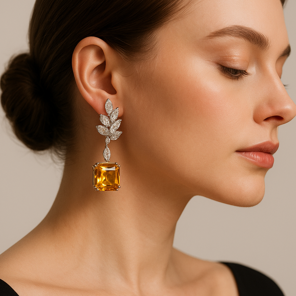 Generated image of a female model wearing the citrine and diamond drop earrings