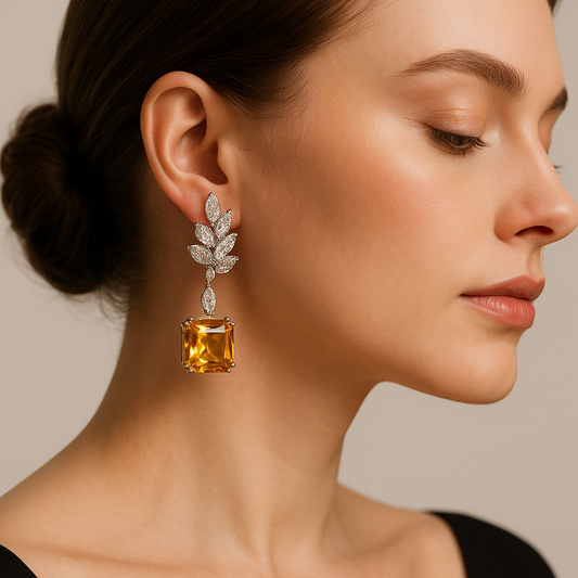 Generated image of a female model wearing the citrine and diamond drop earrings