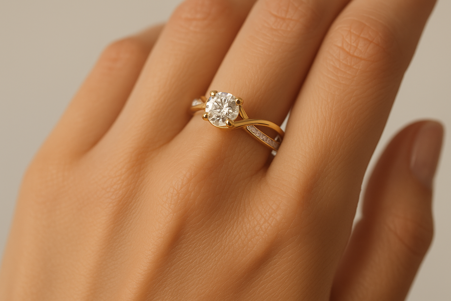 Generated image of a female model wearing the contemporary diamond engagement ring