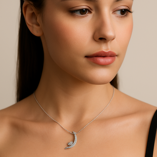 Generated image of a female model wearing the curved diamond pendant necklace