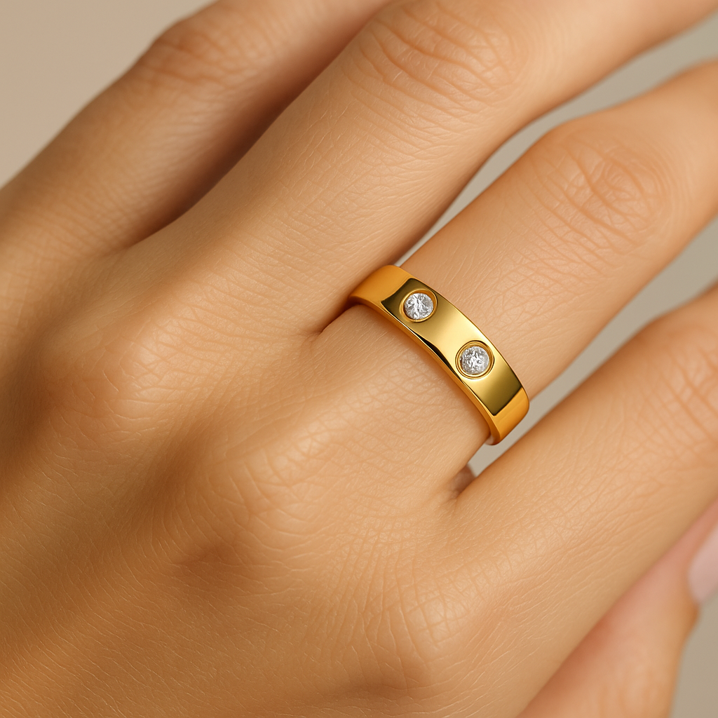 Generated image of a female model wearing the diamond band ring in small size