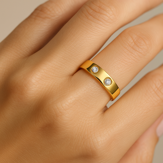 Generated image of a female model wearing the diamond band ring in small size