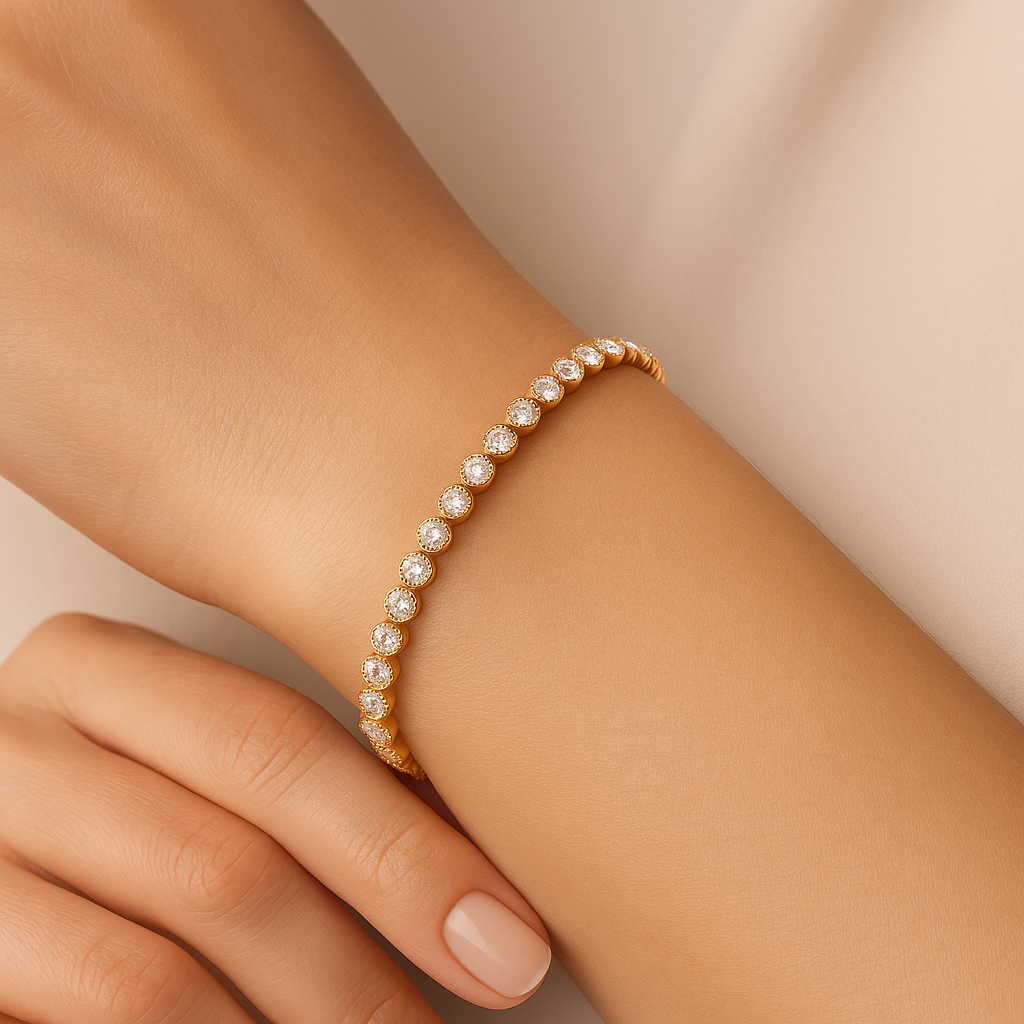 Generated image of a female model wearing the diamond bracelet in small size