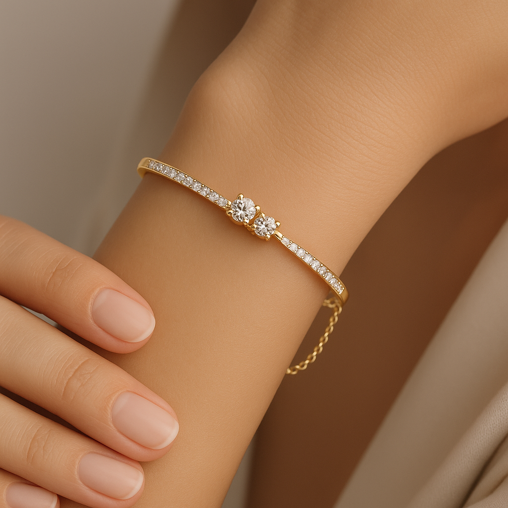 Generated image of a female model wearing the diamond bracelet in small size