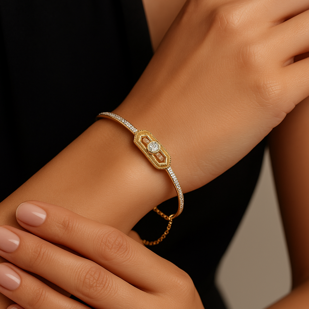 Generated image of a female model wearing the diamond bracelet with decorative centerpiece in small size