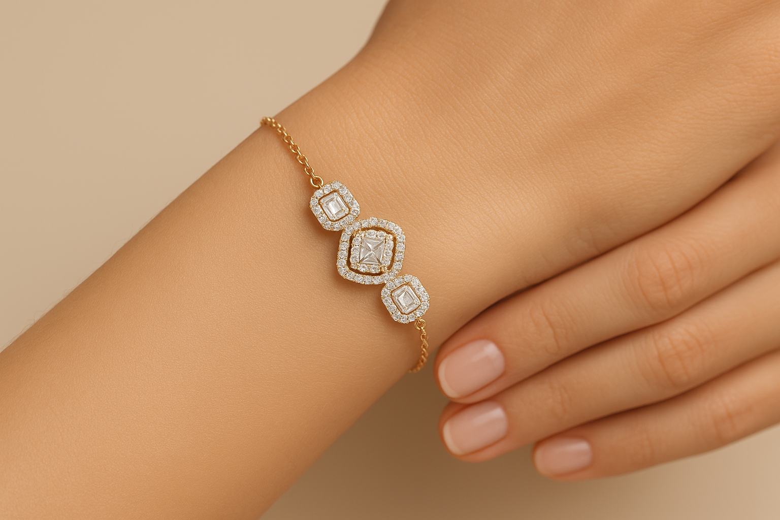 Generated image of a female model wearing the diamond chain bracelet