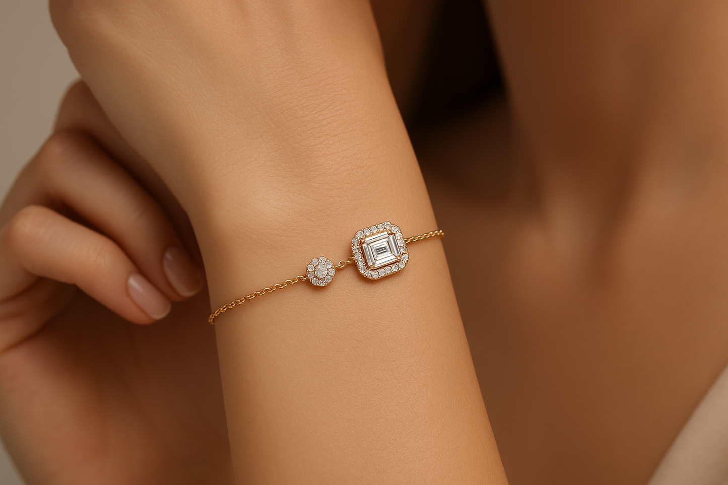 Generated image of a female model wearing the diamond chain bracelet