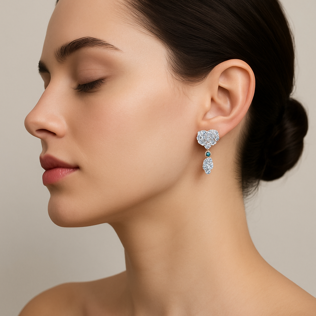 Generated image of a female model wearing the diamond cluster drop earrings in small size