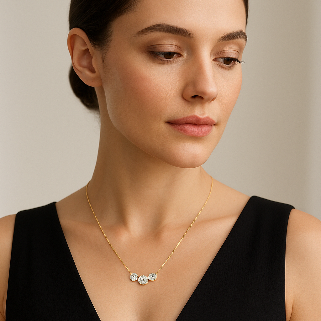 Generated image of a female model wearing the diamond cluster necklace in small size