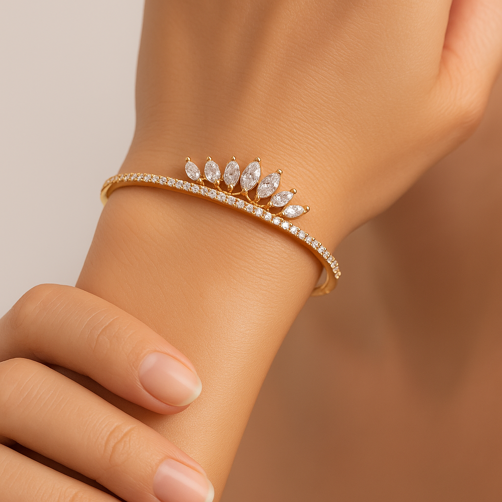 Generated image of a female model wearing the diamond crown bracelet in small size