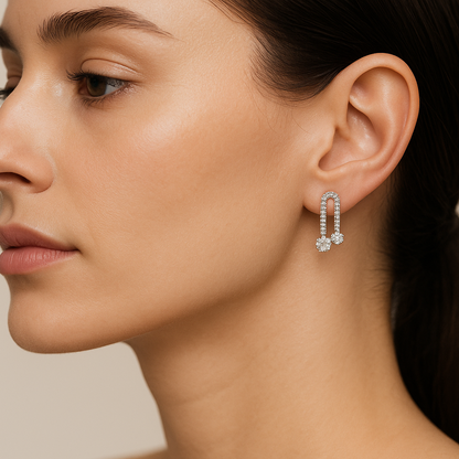 Generated image of a female model wearing the diamond drop earrings in very small size